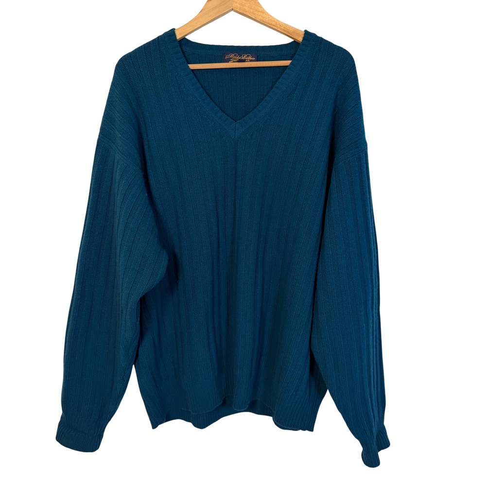 Brooks Brothers Sweater Mens XL Teal Blue Excellent Lambswool V-Neck Ribbed